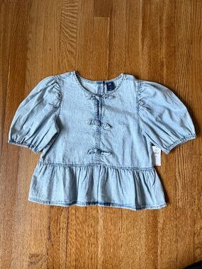 GAP Girls Denim Short Sleeve Bow Peplum Blouse, Soft Denim, L (10/11) NWT